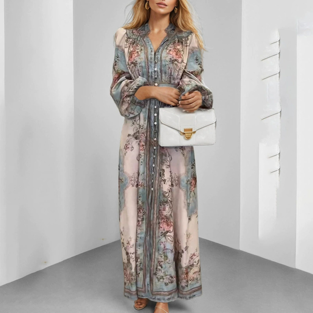 ZARA Artsy Vintage Floral Print Stand Collar Maxi Dress